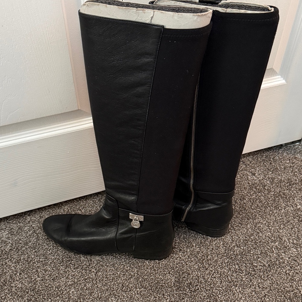Michael Kors Black Knee-High Leather Riding Boots with Silver Hardware - Picture 3 of 6
